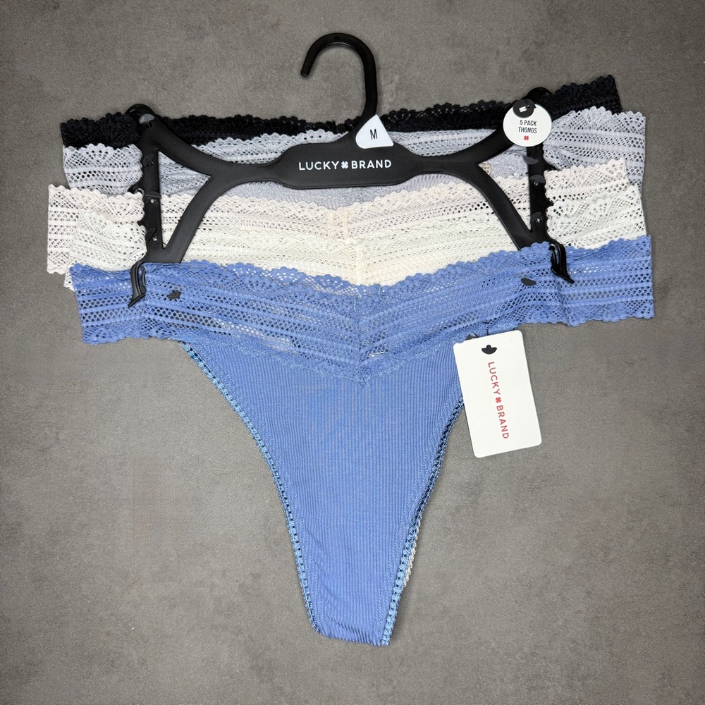 Lucky Brand Lace‎ Thong Set of 5 - Black, Cream, Blue Tones